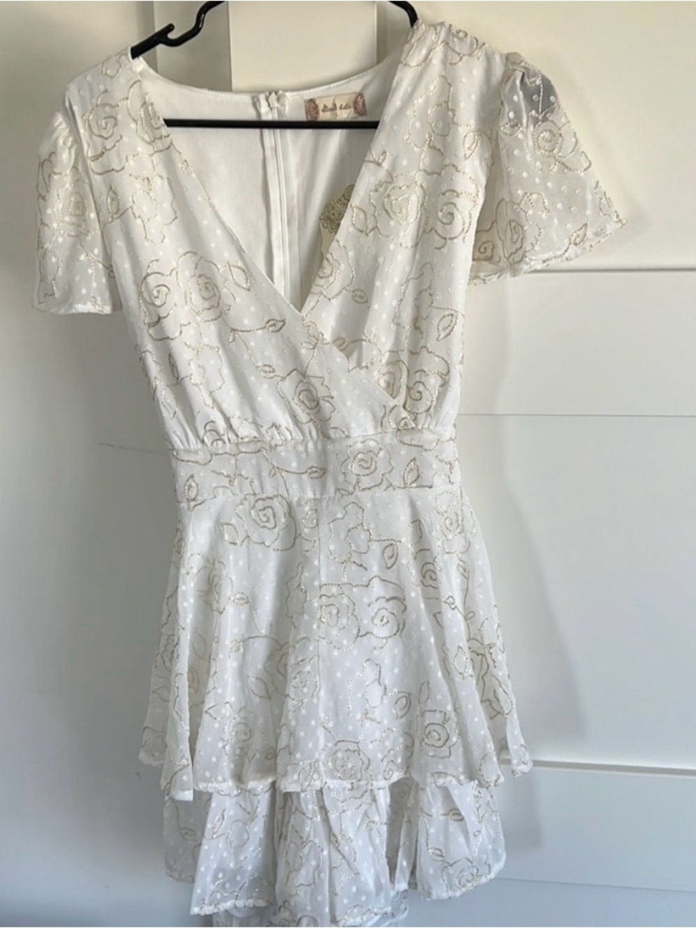 Altar'd State White Romper with Gold Floral Embroidery
